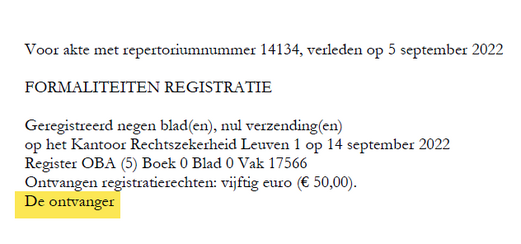 example of ‘ontvanger’ use in a Belgian document (a ‘BUITENGERECHTELIJKE LASTGEVING’)